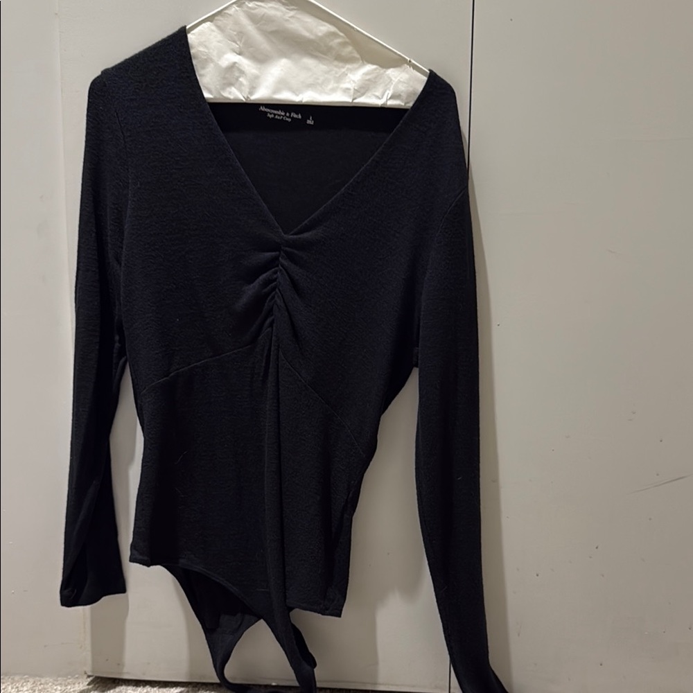 Abercrombie & Fitch Black Ruched Long Sleeve Bodysuit